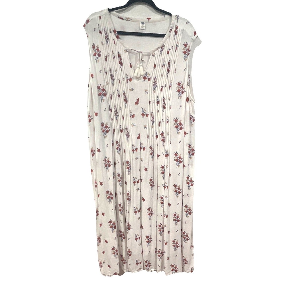 Old Navy Womens 4X Floral Pintuck Tassel Sleeveless Swing Dress White Red Plus